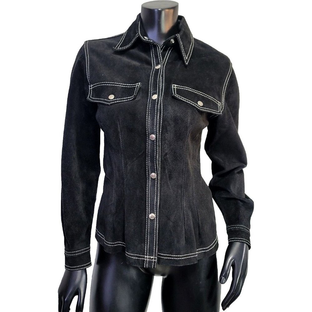 Vintage ACE Brand Swann USA Western Shacket Black Suede Leather White Stitching